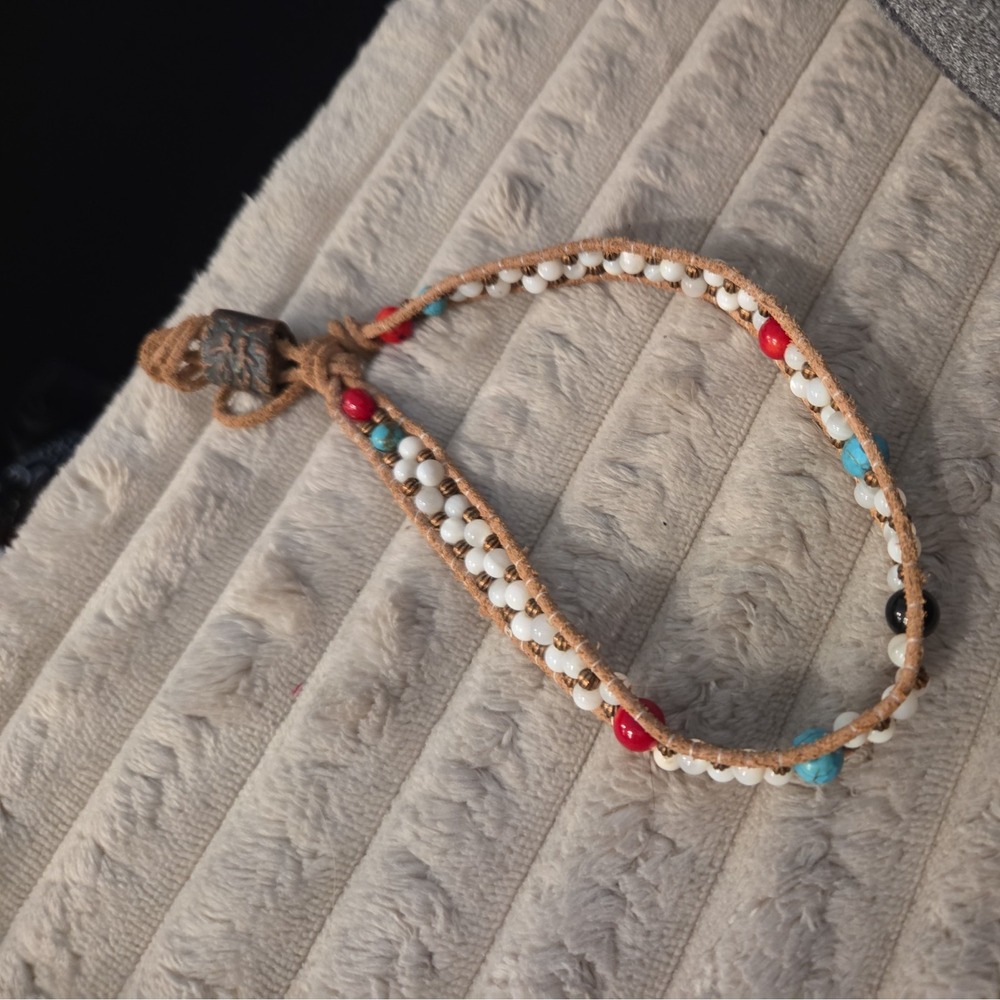 Boho Beaded Leather Wrap Choker Necklace Native American Style Turquoise Coral